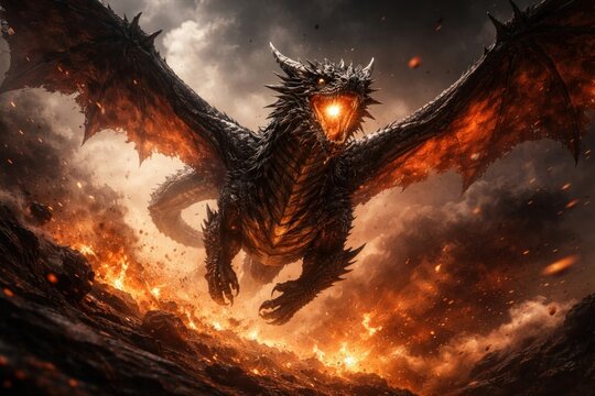 Fierce dragon amidst fiery chaos.