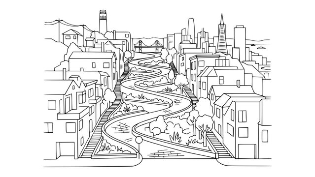 Lombard Street San Francisco Line Art Curved Road Illustration