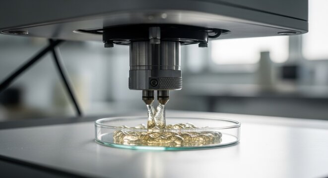 Bioprinting machine extruding bioink into a petri dish. Laboratory equipment for 3D organ printing and regenerative medicine experiment. Innovative tissue engineering research technology.