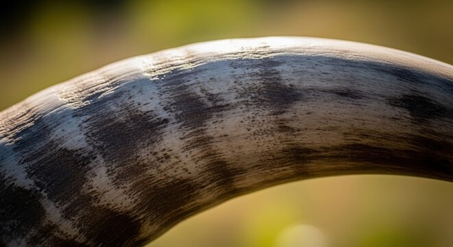 Close up of a markhor horn texture with natural light. Wild goat spiral horn detail revealing rugged horn surface. Wildlife creature feature for nature conservation and biology study.
