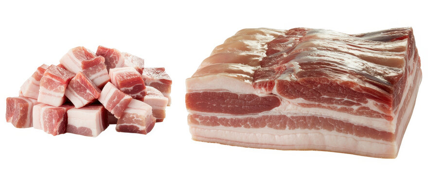 Raw pork belly slab and a pile of diced pork belly cubes isolated on a white background