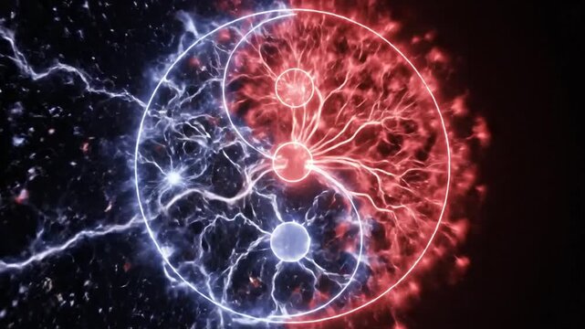 Viral particles interact with cosmic energy in a split-screen visualization