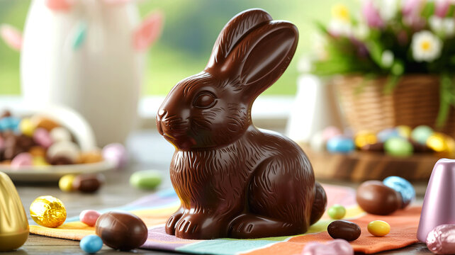 Chocolate Easter bunny candy photo, sweet holiday decoration with eggs, spring dessert background