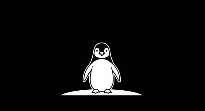 A minimalist vector graphic illustration of a penguin standing on a snowy hill against a black background