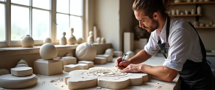 Showcase experienced sculptors meticulously carving intricate stone designs in open studios highlighting refined techniques and timeless artistic expression in  Photo Stock  Concept  and empty space o