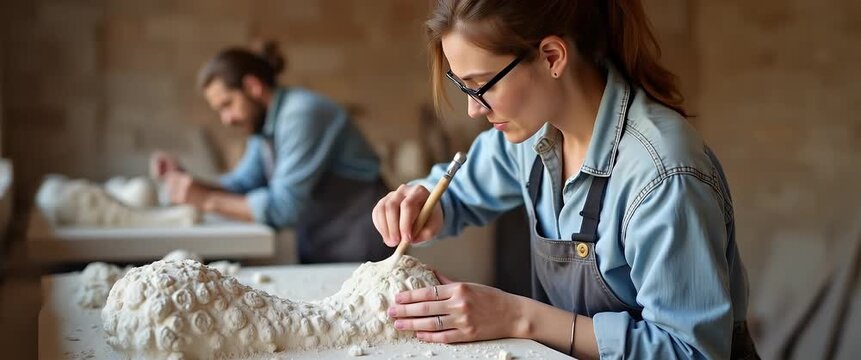 Showcase experienced sculptors meticulously carving intricate stone designs in open studios highlighting refined techniques and timeless artistic expression in  Photo Stock  Concept  and empty space o