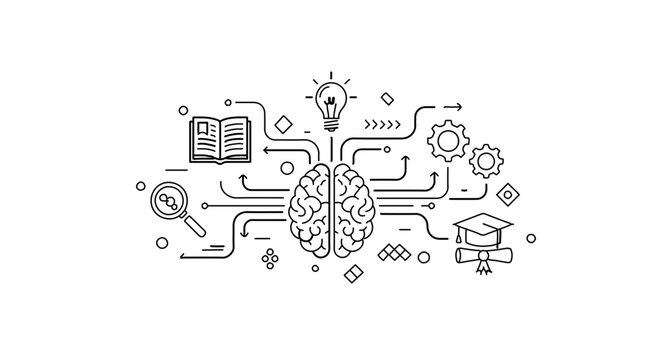 A vector graphic illustration of a brain surrounded by various icons and symbols representing knowledge, ideas, and innovation.