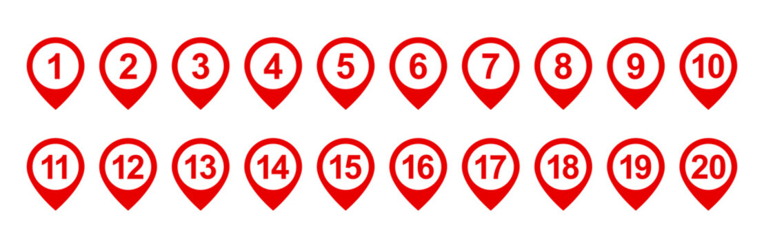 Location pin icon set with numbers 1 to 20