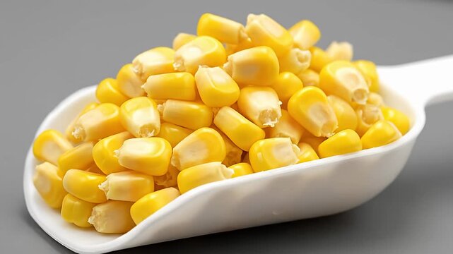 Fresh yellow corn kernels in white scoop on grey background