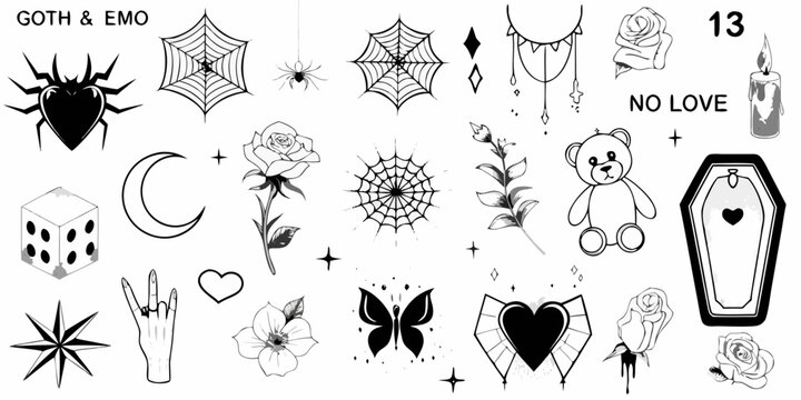 Gothic and emo inspired sticker collection with spiders roses and bears