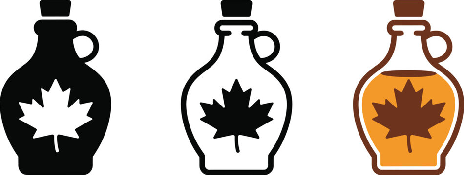 Pure maple syrup bottle icon set with Canadian maple leaf logo in silhouette outline and flat color vector versions