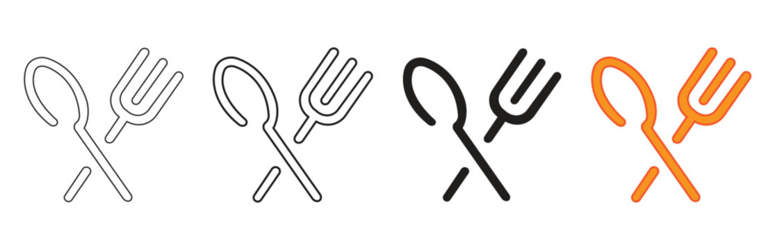 Set of four simplified icons showing a spoon and fork crossed together in outline, solid black, and orange neon outline styles for a dining or restaurant concept.