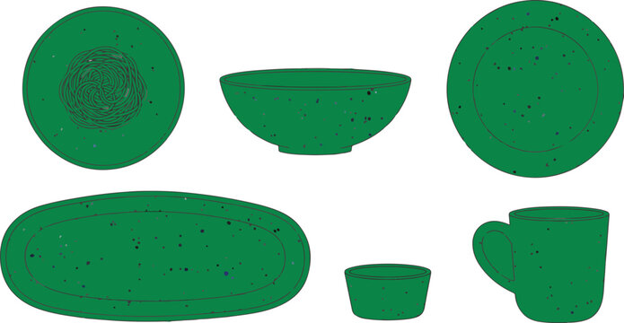 Green speckled ceramic dinnerware set including plates bowls mug and serving tray for rustic table setting and food service.