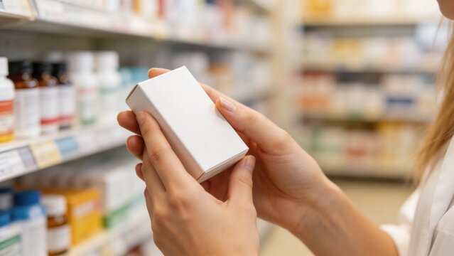 A person is holding a white medicine box in a pharmacy with shelves of medication in the background. The depicts a scene of health and wellness.