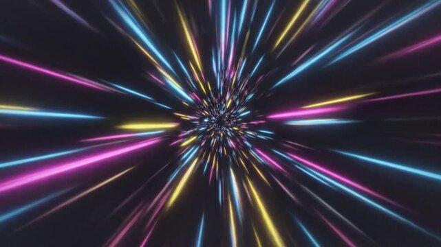 Abstract hyper speed travel through neon light streaks in deep space