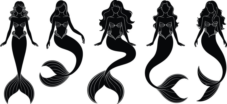 Beautiful mermaid silhouette vector set with elegant poses and detailed tails for mystical ocean and underwater themed creative designs.