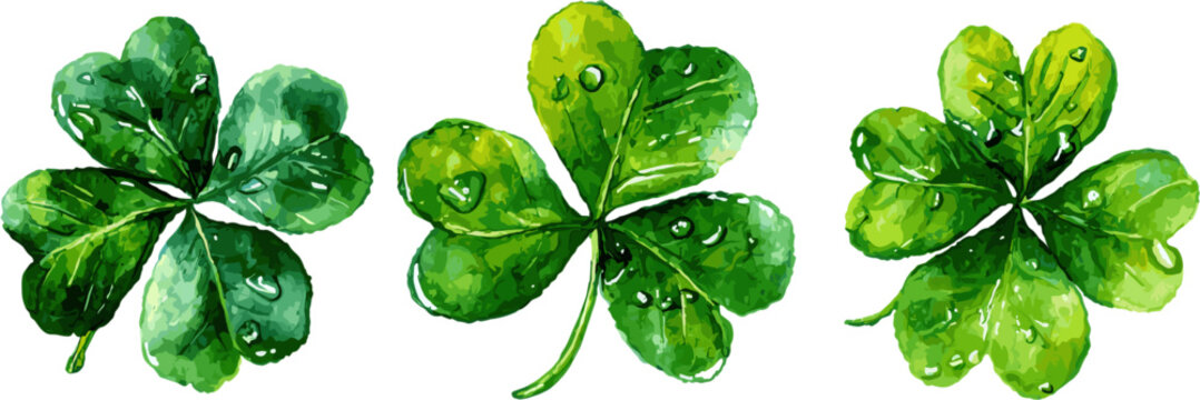 Collection of wet green shamrock leaves, in clip art style, isolated on white background