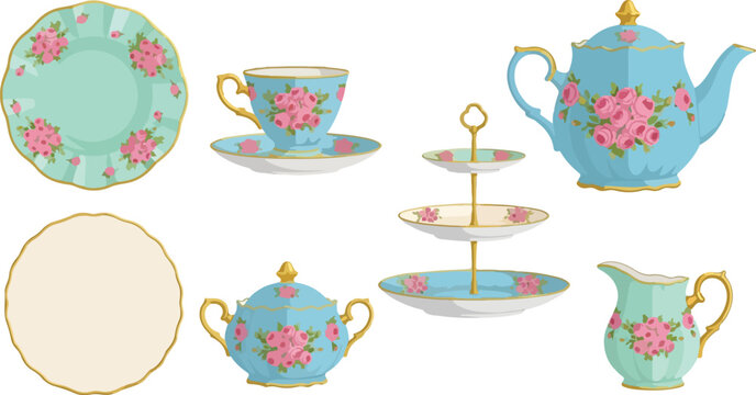 Vintage tea set with roses, elegant pastel blue porcelain teacup, saucer, teapot, sugar bowl, creamer, tiered cake stand.
