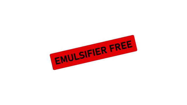 Emulsifier free red rubber stamp animation on white background, for organic food, labeling