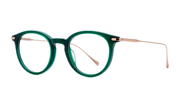 Round green acetate eyeglasses with thin rose gold metal temples, isolated on transparent background