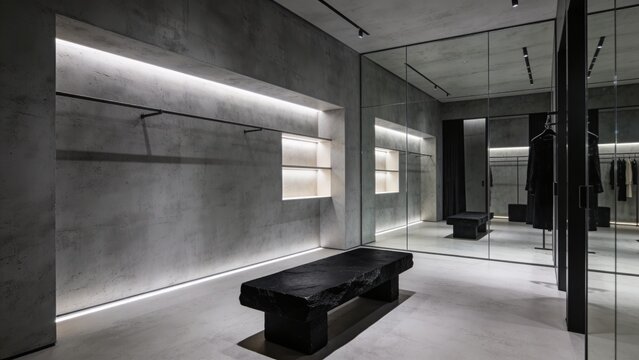 Luxury fitting room with graphite microcement walls, frameless mirrors, and sleek contemporary retail interior elegance