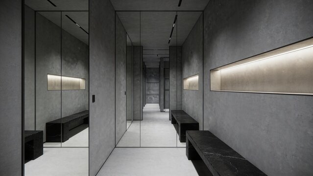 Contemporary designer fitting room with dark graphite microcement walls, clean mirror panels, and premium retail charm