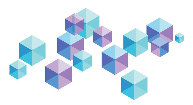Floating translucent blue and purple hexagonal prisms arranged in a scattered dynamic isometric pattern create a modern abstract visual composition.