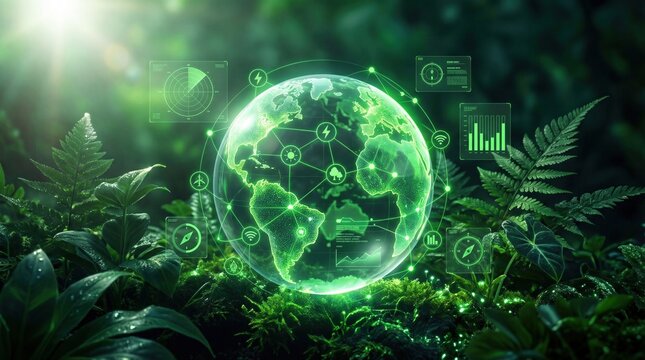 Glowing digital globe with holographic data icons in a lush rainforest setting