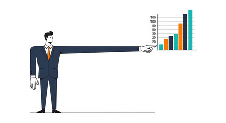 Fototapeta premium Professional businessman pointing with a long arm towards a colorful growth bar graph chart to show successful corporate financial progress