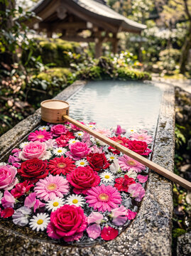Vertical Hanachozu with Vibrant Floating Flowers and Ladle