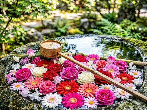 Vertical Hanachozu with Vibrant Floating Flowers and Ladle