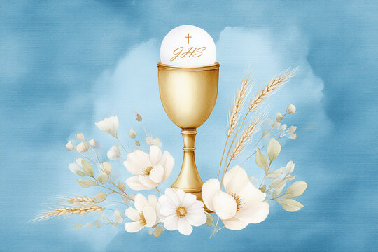 The First Holy Communion Watercolor Illustration on Blue Background