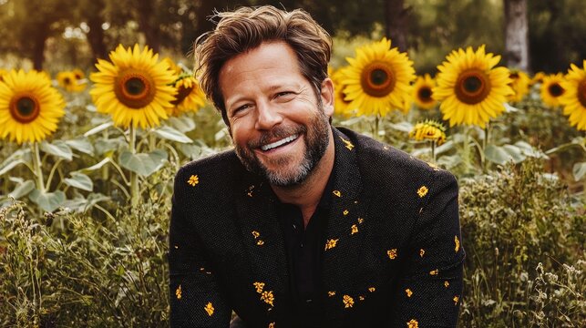 Joyful Middle-Aged Man Laughing in a Field Surrounded by Bright Sunflowers