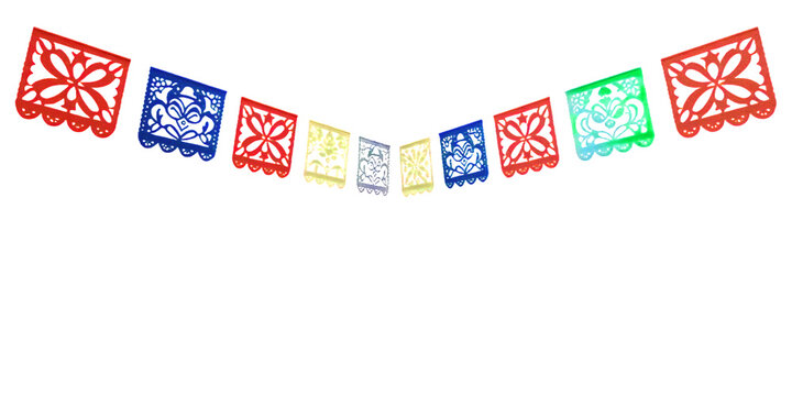 Papel picado banner vector, Mexican fiesta decorative cut paper flags garland isolated on transparent background 