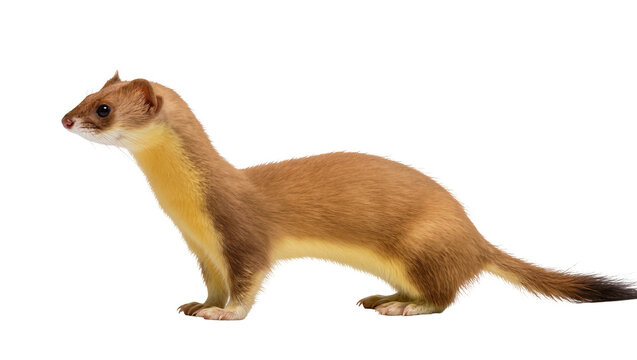 Brown and yellow weasel standing alert, isolated on transparent background