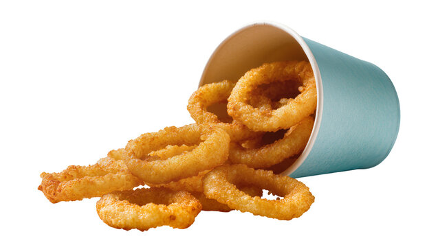 Crispy golden onion rings spilling from a teal paper cup, isolated on transparent background