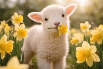 Naklejka premium Lamb holding yellow flower gently.