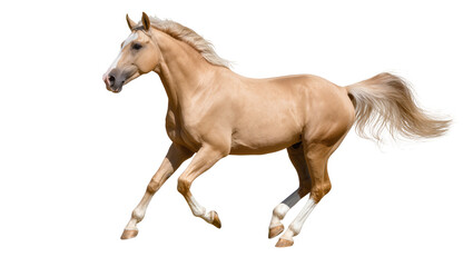 Obraz premium Golden palomino horse galloping with flowing mane and tail, isolated on transparent background