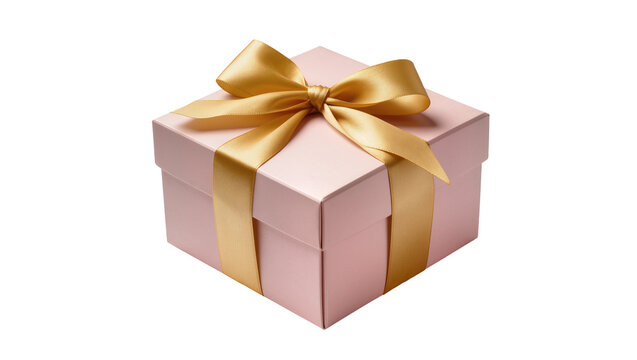 Pink gift box with golden satin ribbon bow, isolated on transparent background
