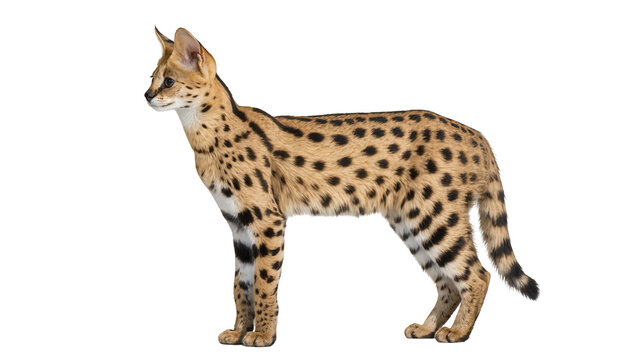 Spotted serval cat standing alert, isolated on transparent background