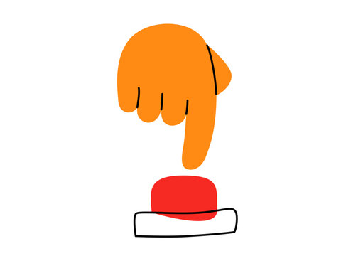 Orange hand pressing red button. Finger pushing control switch or emergency alarm. Vector icon for start, action, or trigger concept. Flat cartoon illustration isolated on white background