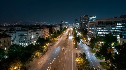 Fototapeta premium A dynamic nocturnal view capturing the flow of traffic and illuminated structures along a sprawling metropolitan boulevard