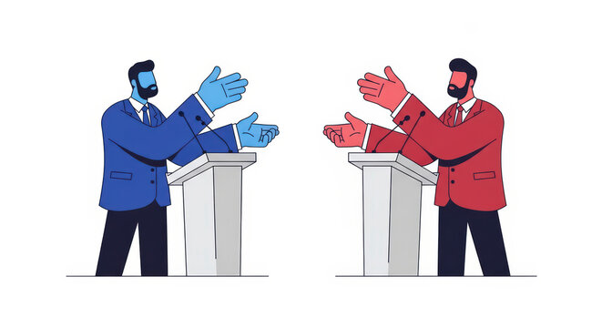 Political debate illustration featuring two opposing candidates in blue and red suits speaking at podiums during an election campaign