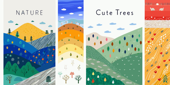 Colorful illustrated nature bookmarks featuring mountains trees and whimsical designs
