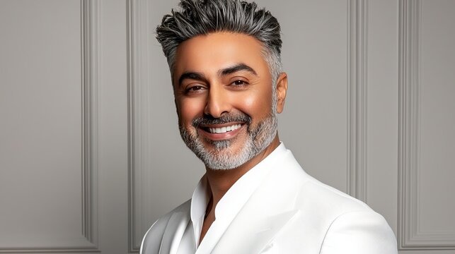 Happy Middle-Aged Indian Man Smiling with Joy in Elegant White Suit Against Neutral Background