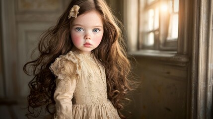 Fototapeta premium Enchanted Girl with Freckles and Wide Eyes Captured in Morning Light