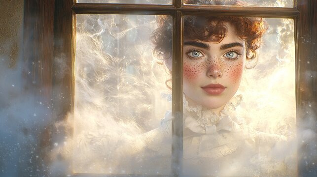 Enchanted girl with wide eyes and soft freckles gazes through a fogged window in the morning light