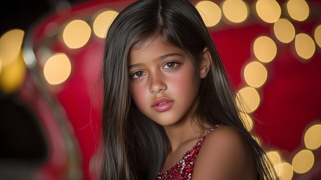 Mixed Race Teen Girl with Sparkling Eyes Posed Against a Neon City Backdrop
