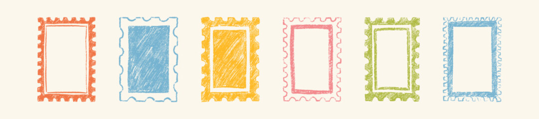 Set of hand drawn coloful childish crayon doodle postage stamp frames. Summer pencil sketch border. Kid photo, painting, picture frame. Postcard vintage design element, funky text box, scribble letter © Kseniia