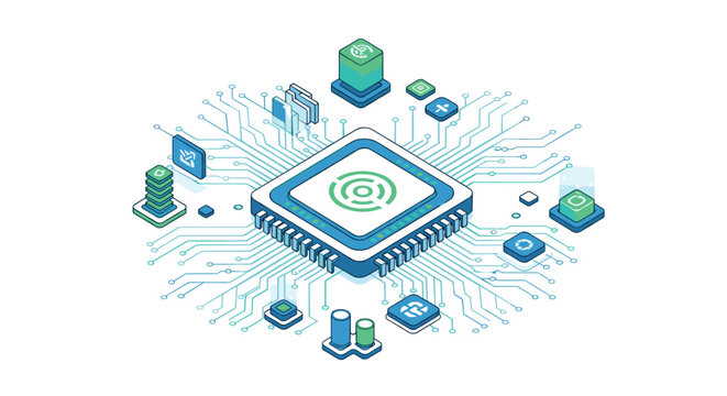 Central microchip processor with radiating circuit board lines surrounded by various isometric data icons and server tower elements on a clean background.